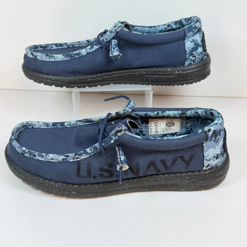Hey Dude Mens Wally US Navy Size 10 Digital Camo Canvas Loafers Blue 43082-498